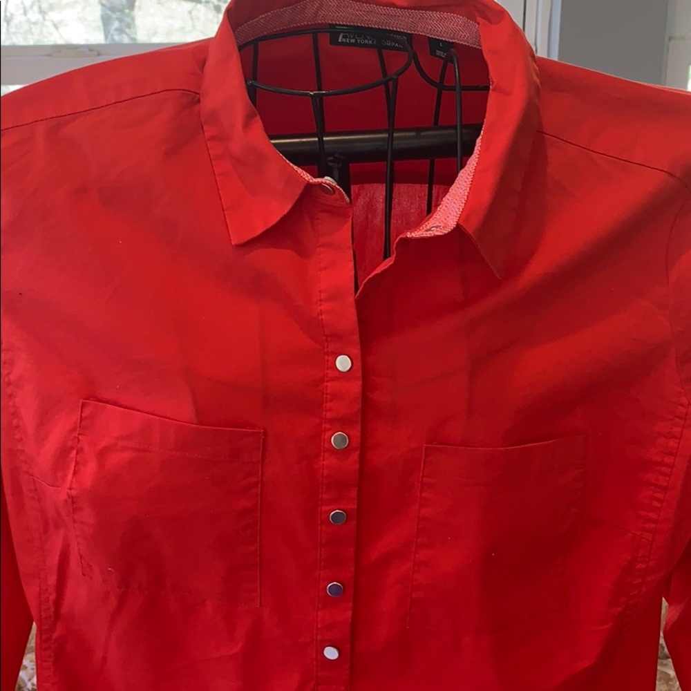 Red Mid Length Button Down Top